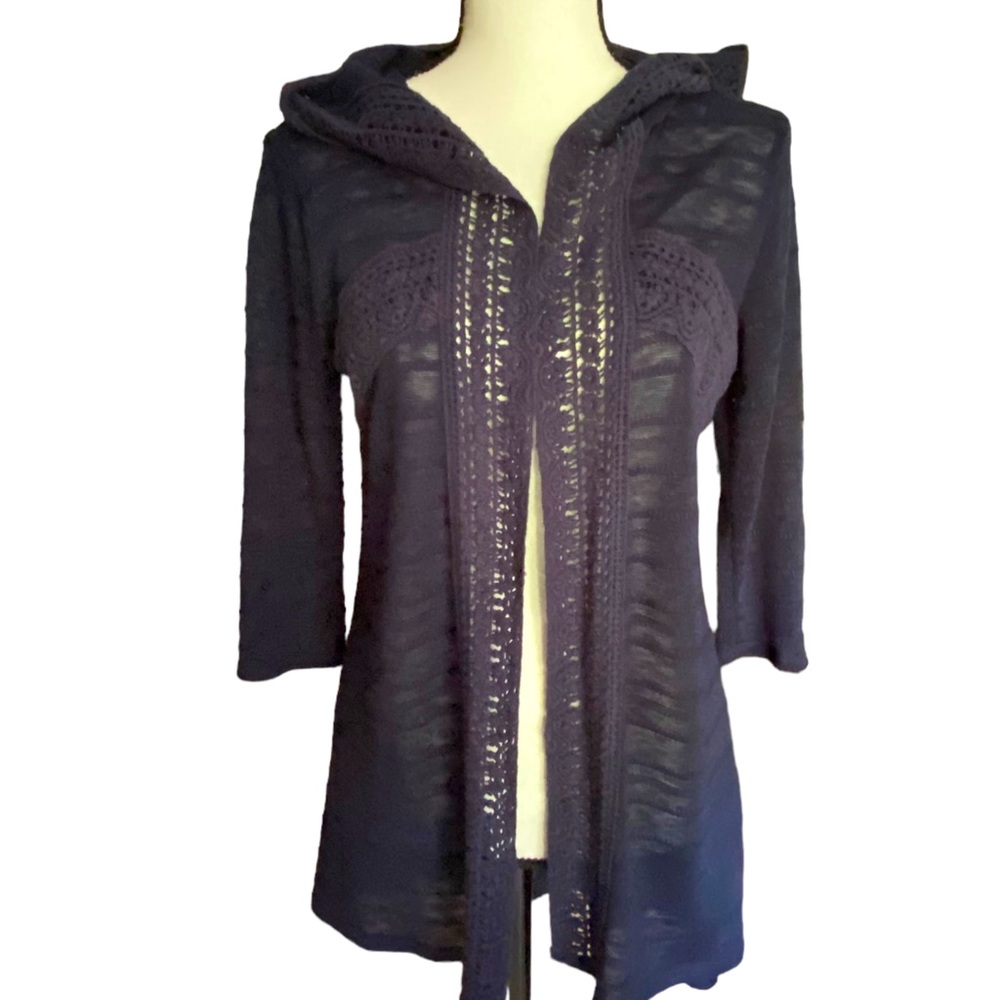 Open Front Navy Crochet Trim Lightweight Sweater